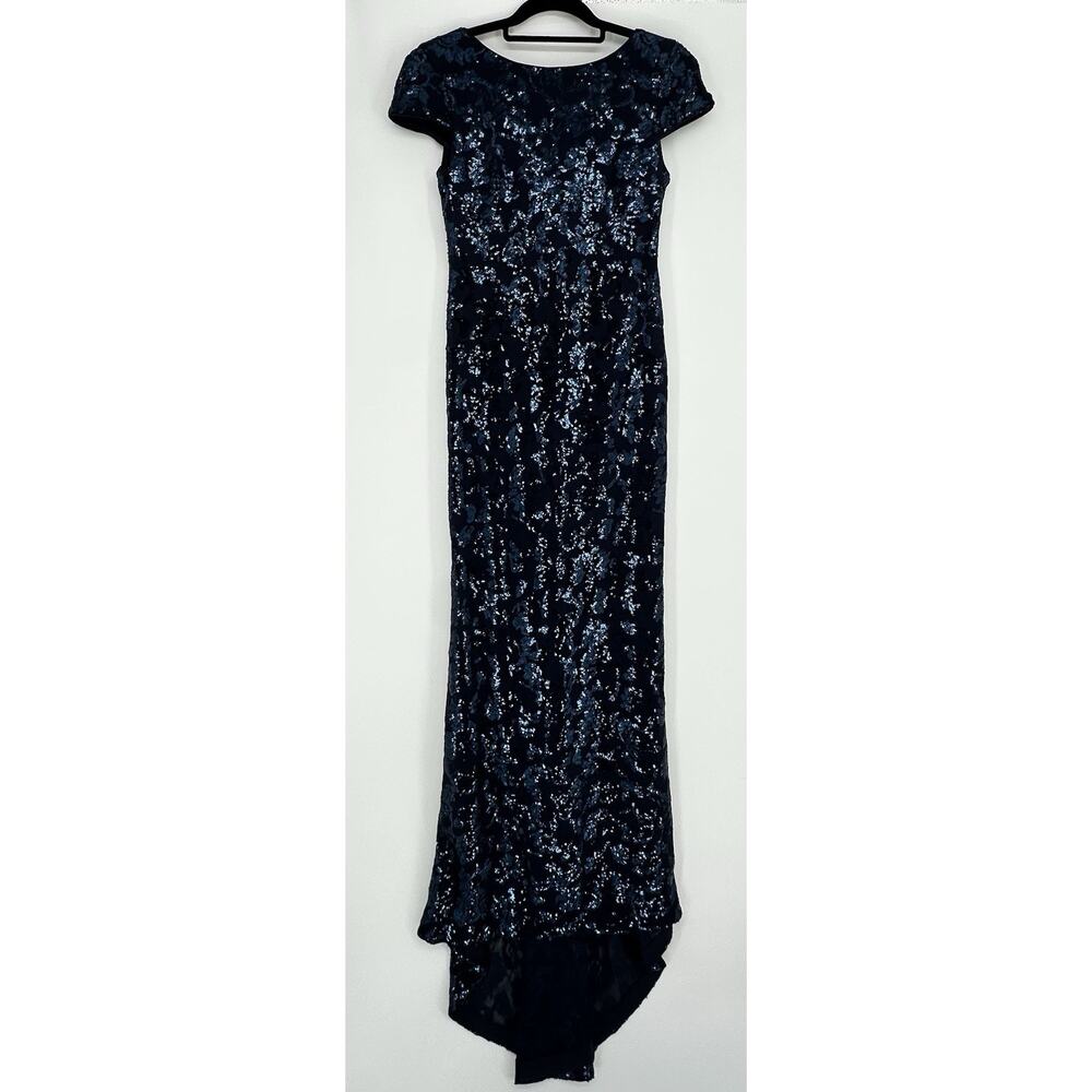 Calvin Klein Draped Back Navy Sequin Evening Gown Size 8 Train MOB Cocktail